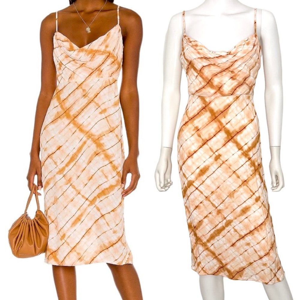 House of Harlow 1960 Tan and White Tie-Dye Slip Midi Dress